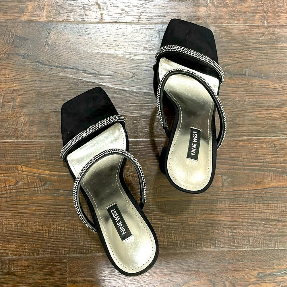 NIB NINE WEST rhinestone strap black platform open toe sandals cocktail heel 7 - Picture 13 of 14